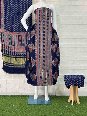 Pure Modal Silk Blu Ajrakh Hand Block Print Neptol Dye 3 Pice Suit