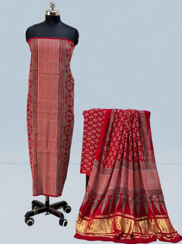 Buy Ajrakh Hand Block Print Modal Silk 3 Piece Suit Online | Ajrakh Design with Zari Dupatta
