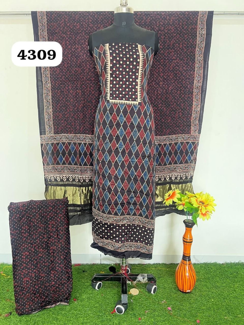 Pure Modal Silk Ajrakh Hand  Block print Nechral Dye 3 Pice Suit