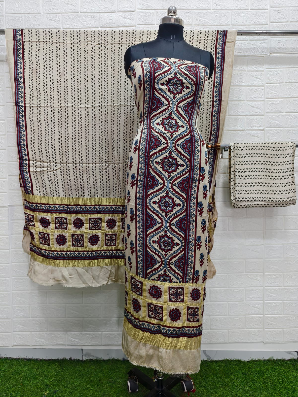 Ajrakh hand block print checks pallu top and dupatta suit
