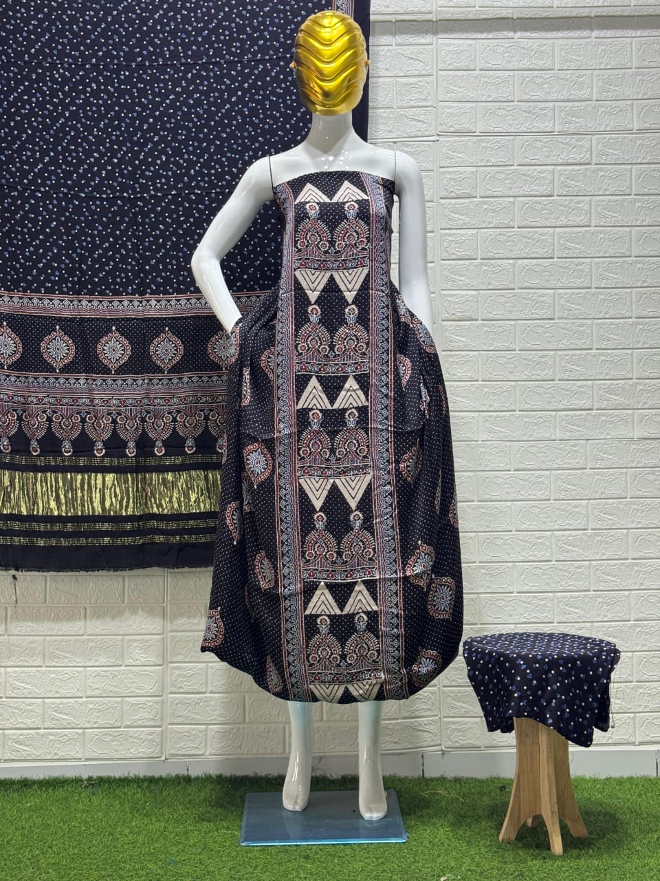 Pure Modal Silk Ajrakh Hand Block Print Nechral Dye 3 Pice Suit