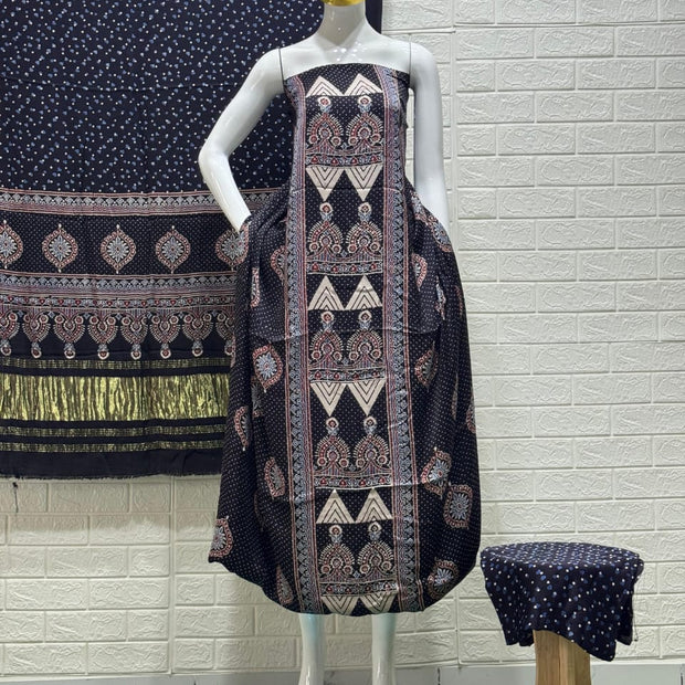 Pure Modal Silk Ajrakh Hand Block Print Nechral Dye 3 Pice Suit