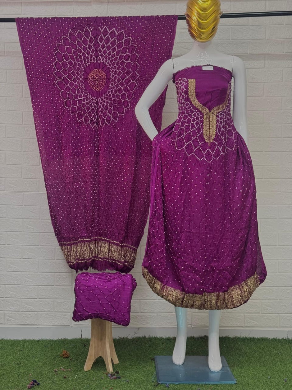 Modal Silk  Bandhani 3-Piece Suit with Zari Pallu Dupatta | Dot Bandhani Bottom