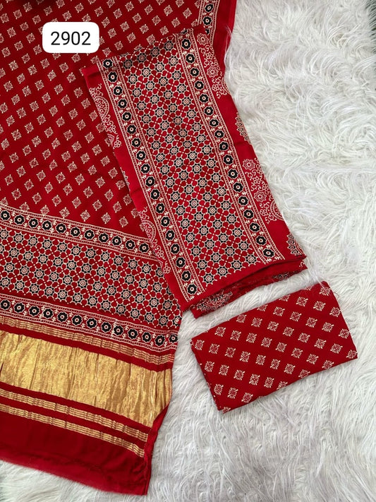 Pure Modal Silk Ajrakh Hand Block Print Neptol Dye 3 Pice Suit