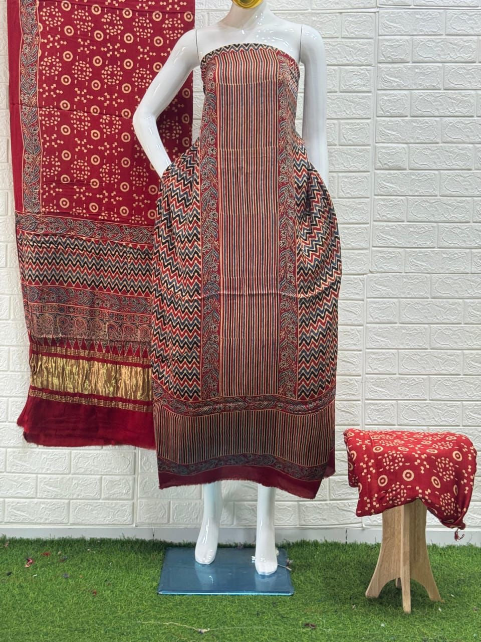 Pure Modal Silk Ajrakh Hand  Block print Nechral Dye 3 Pice Suit