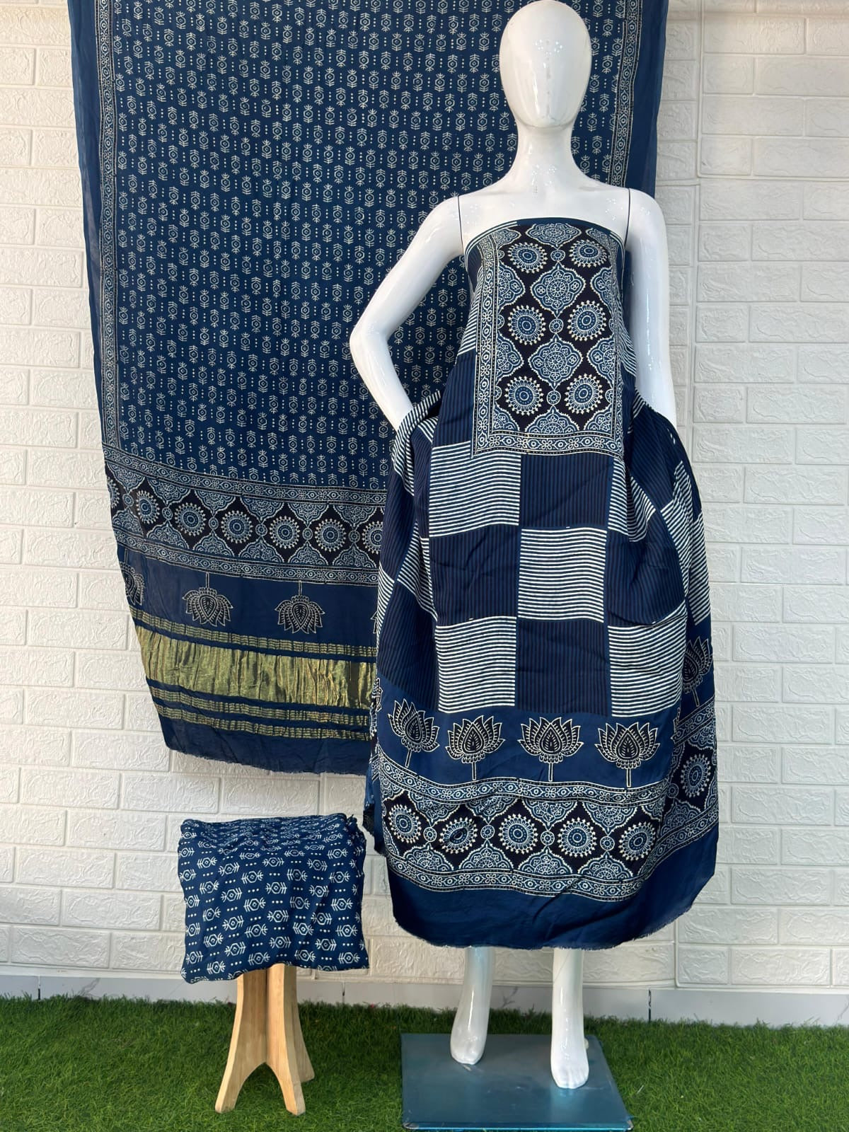 Pure Modal Silk Ajrakh Hand Block Print Neptol Dye 3 Pice Suit