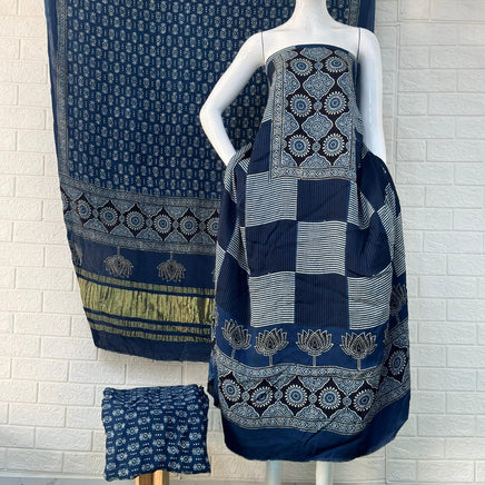 Pure Modal Silk Ajrakh Hand Block Print Neptol Dye 3 Pice Suit