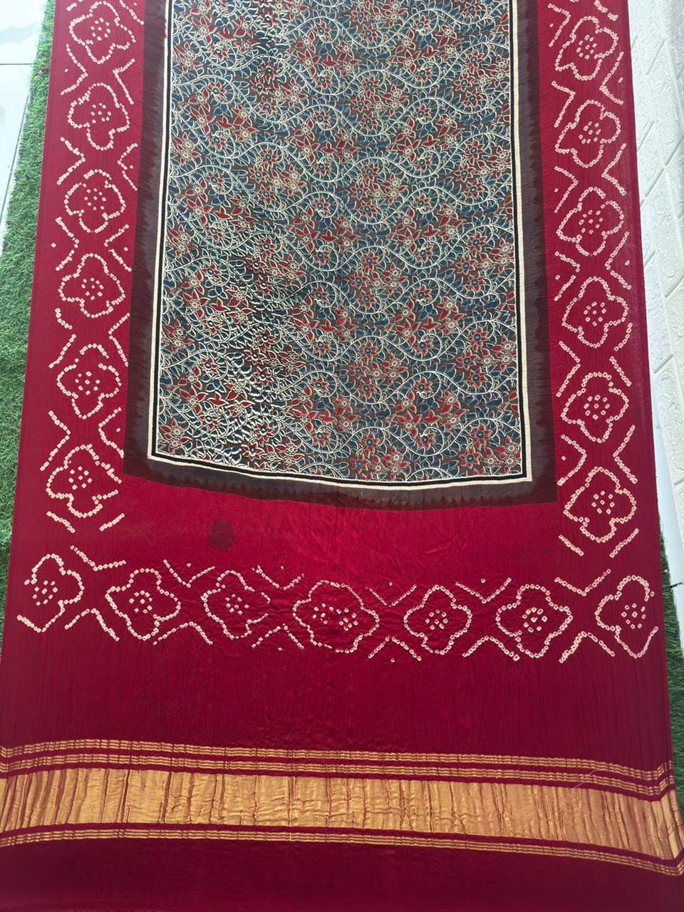 Modal silk ajrakh and bandhani dupatta screen print