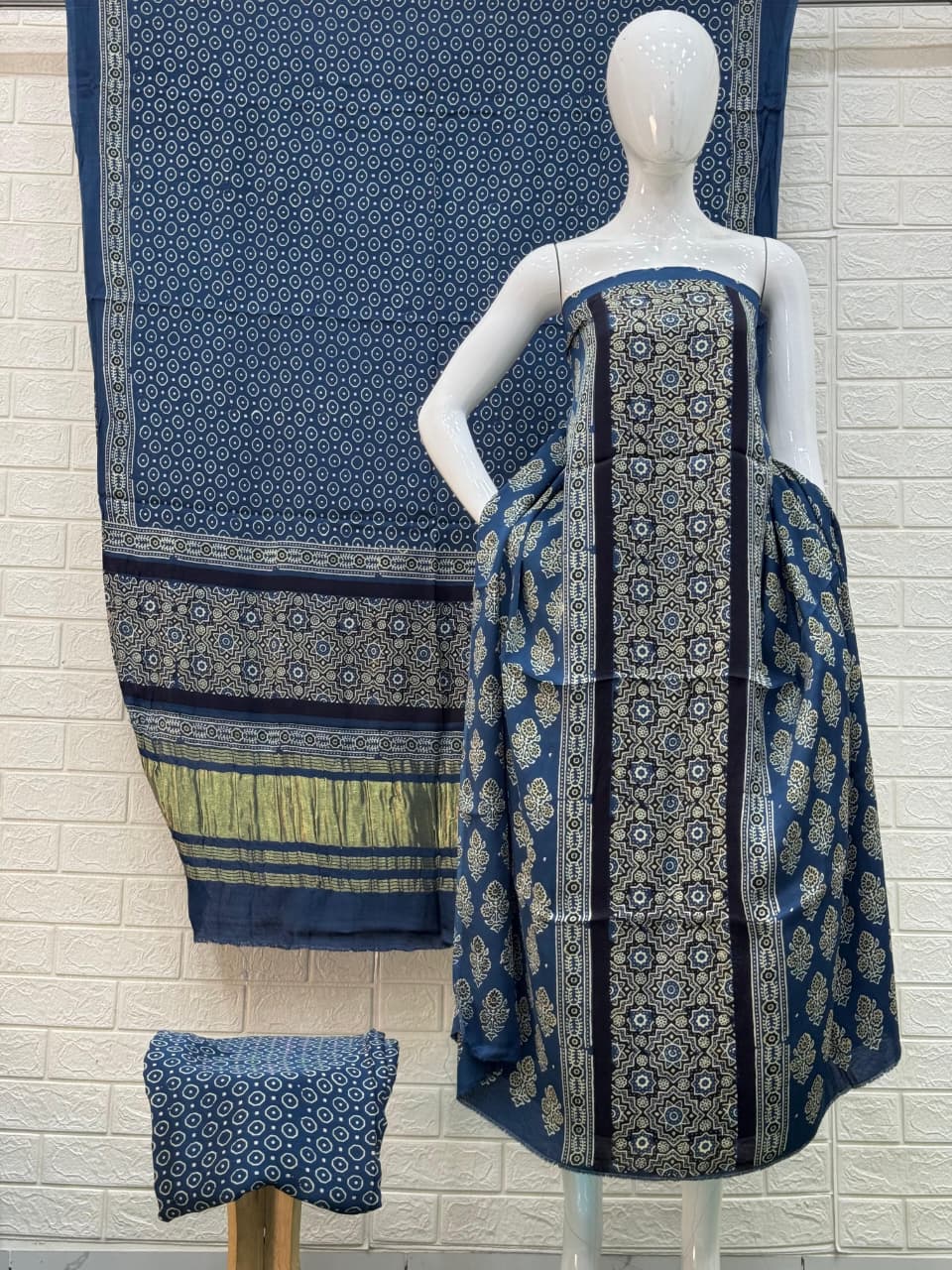 Buy Ajrakh Hand Block Print Modal Silk 3 Piece Suit Online | Ajrakh Design with Zari Dupatta