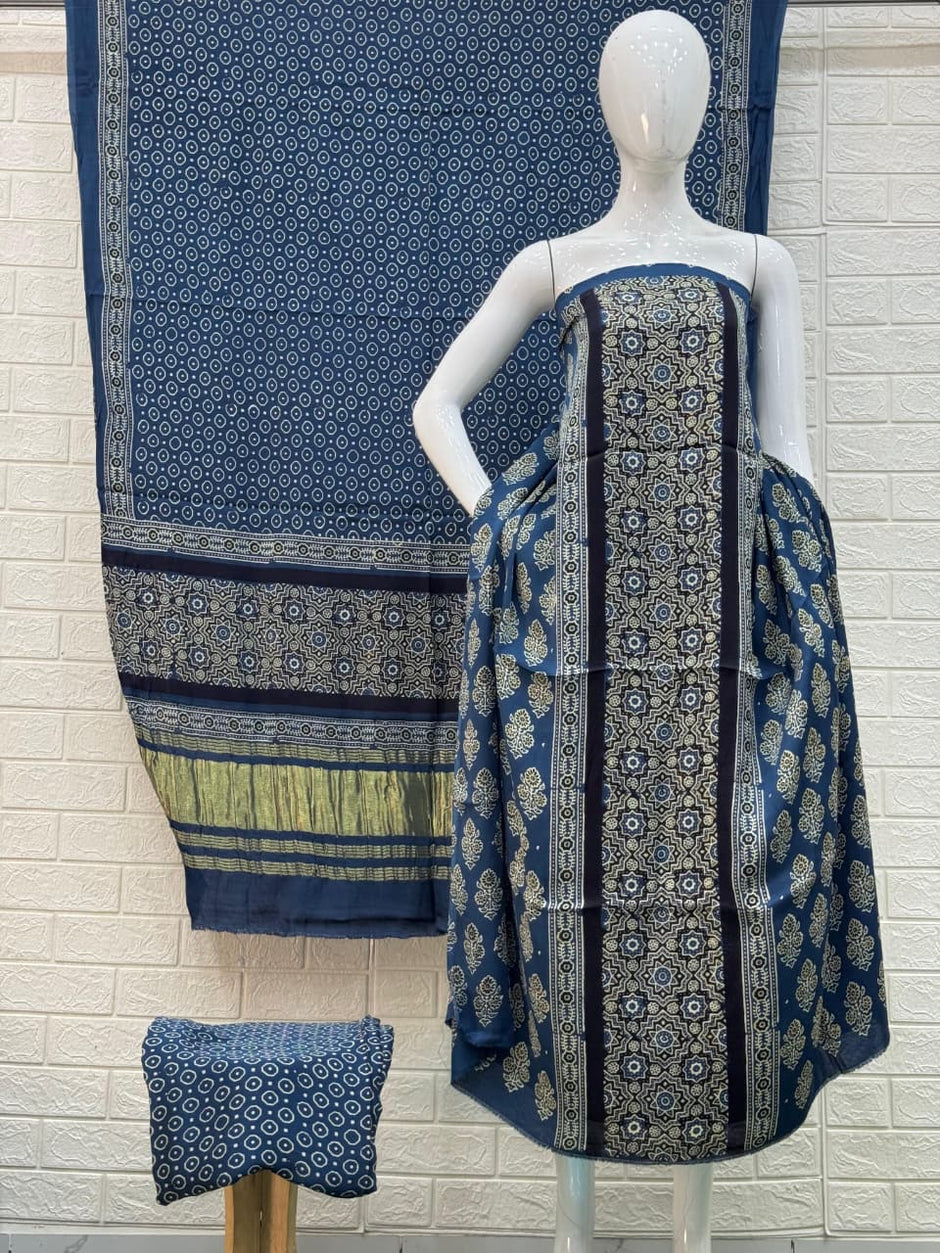 Buy Ajrakh Hand Block Print Modal Silk 3 Piece Suit Online | Ajrakh Design with Zari Dupatta