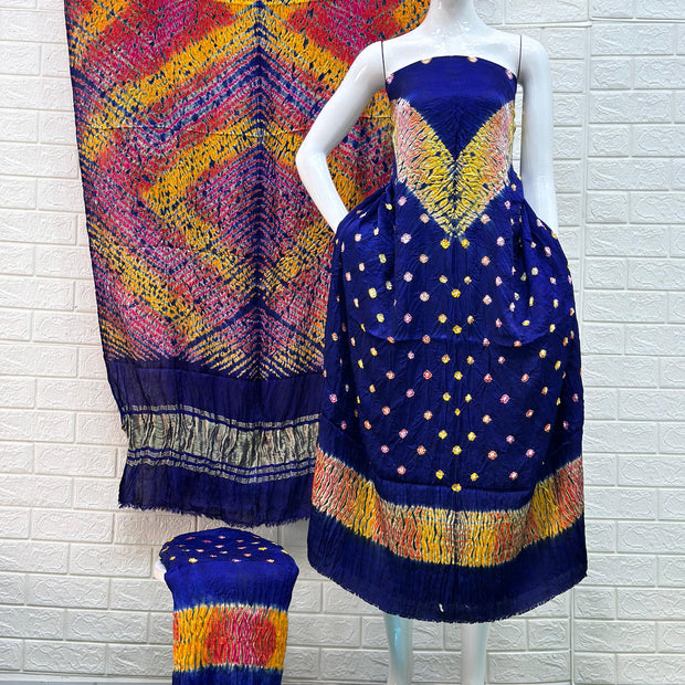 Modal Silk Shibori & bandhani suit Set multi color with neck and daman patta