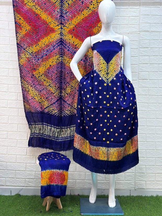 Modal Silk Shibori & bandhani suit Set multi color with neck and daman patta