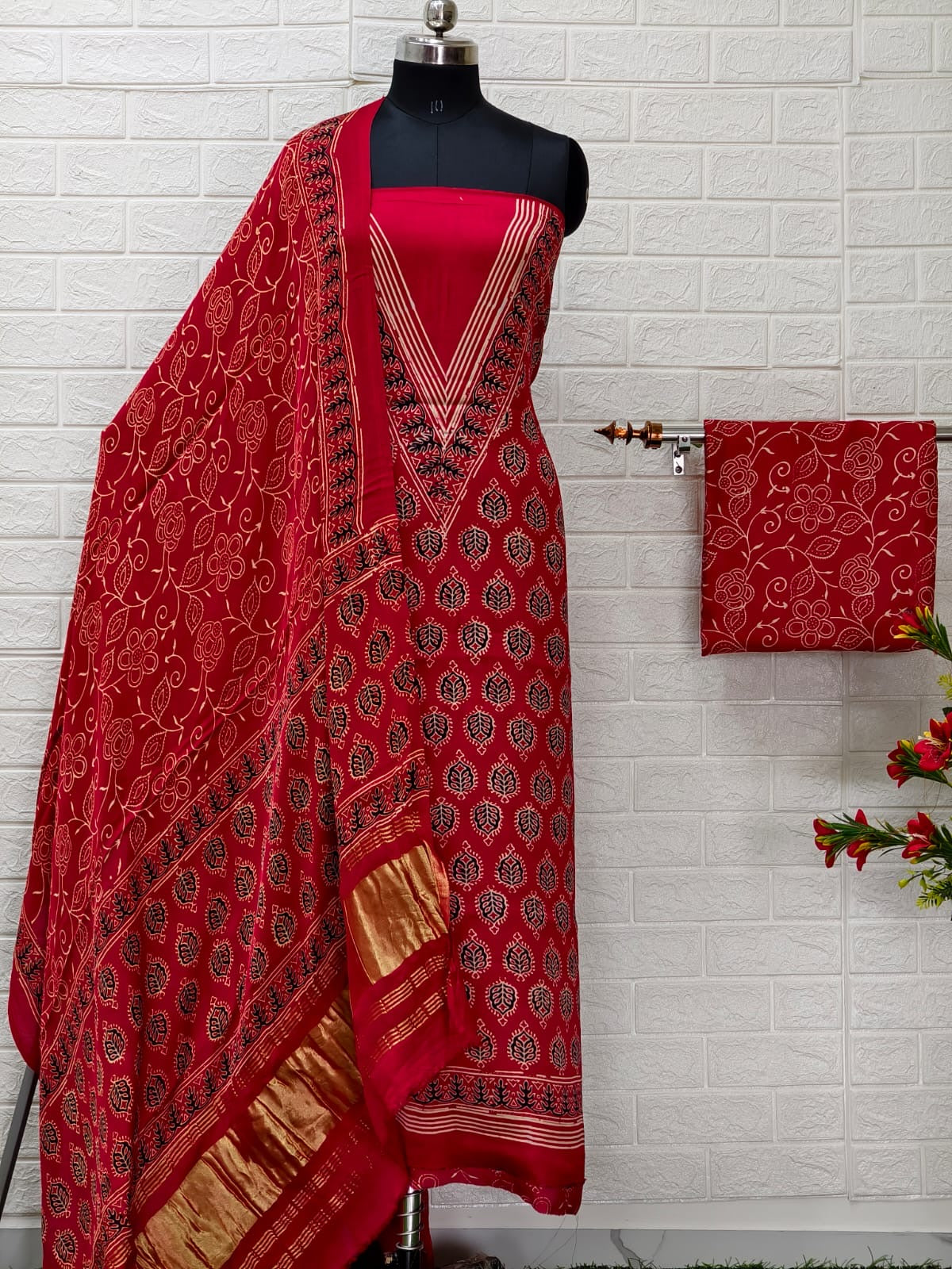Pure Modal Silk Ajrakh Hand Block Print Neptol Dye 3 Pice Suit