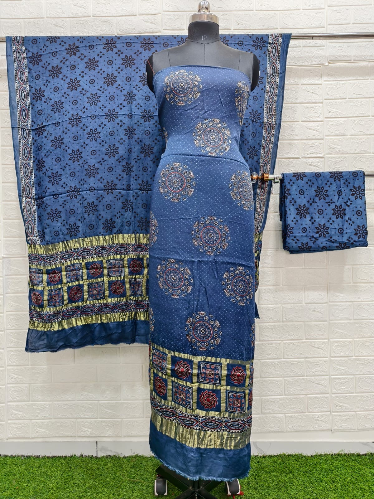 Ajrakh hand block print checks pallu top and dupatta suit