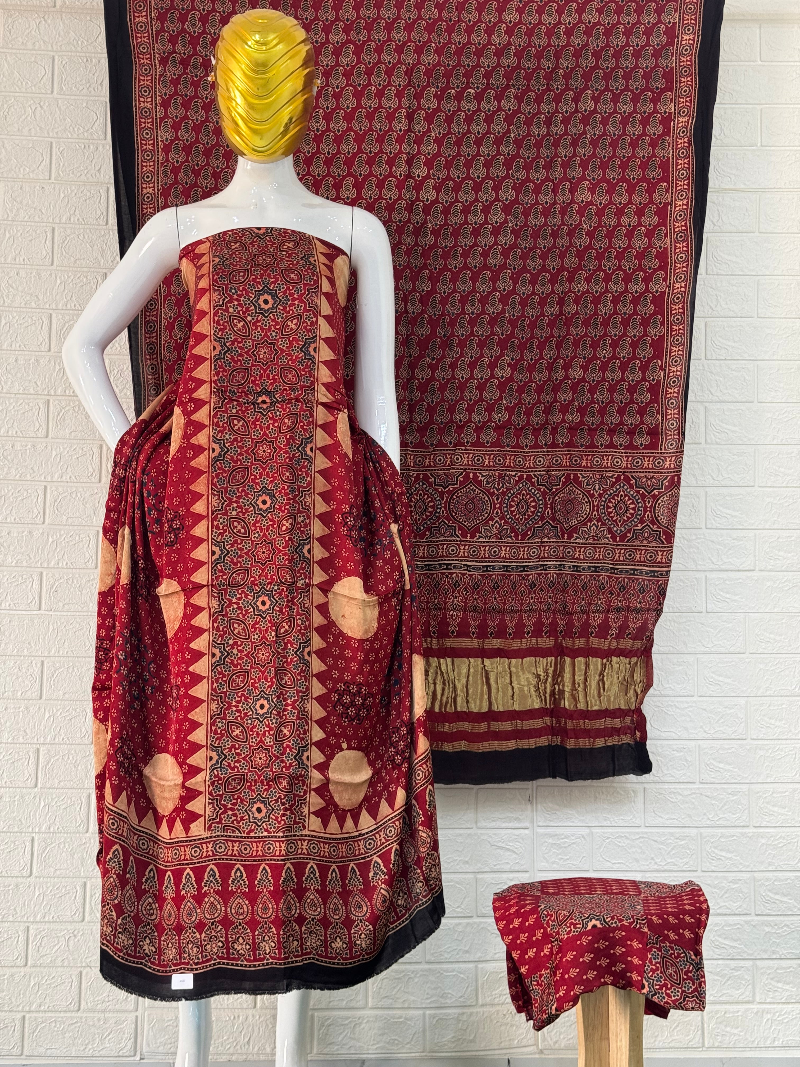 Pure Modal Silk Ajrakh Hand Block Print Nechral Dye 3 Pice Suit