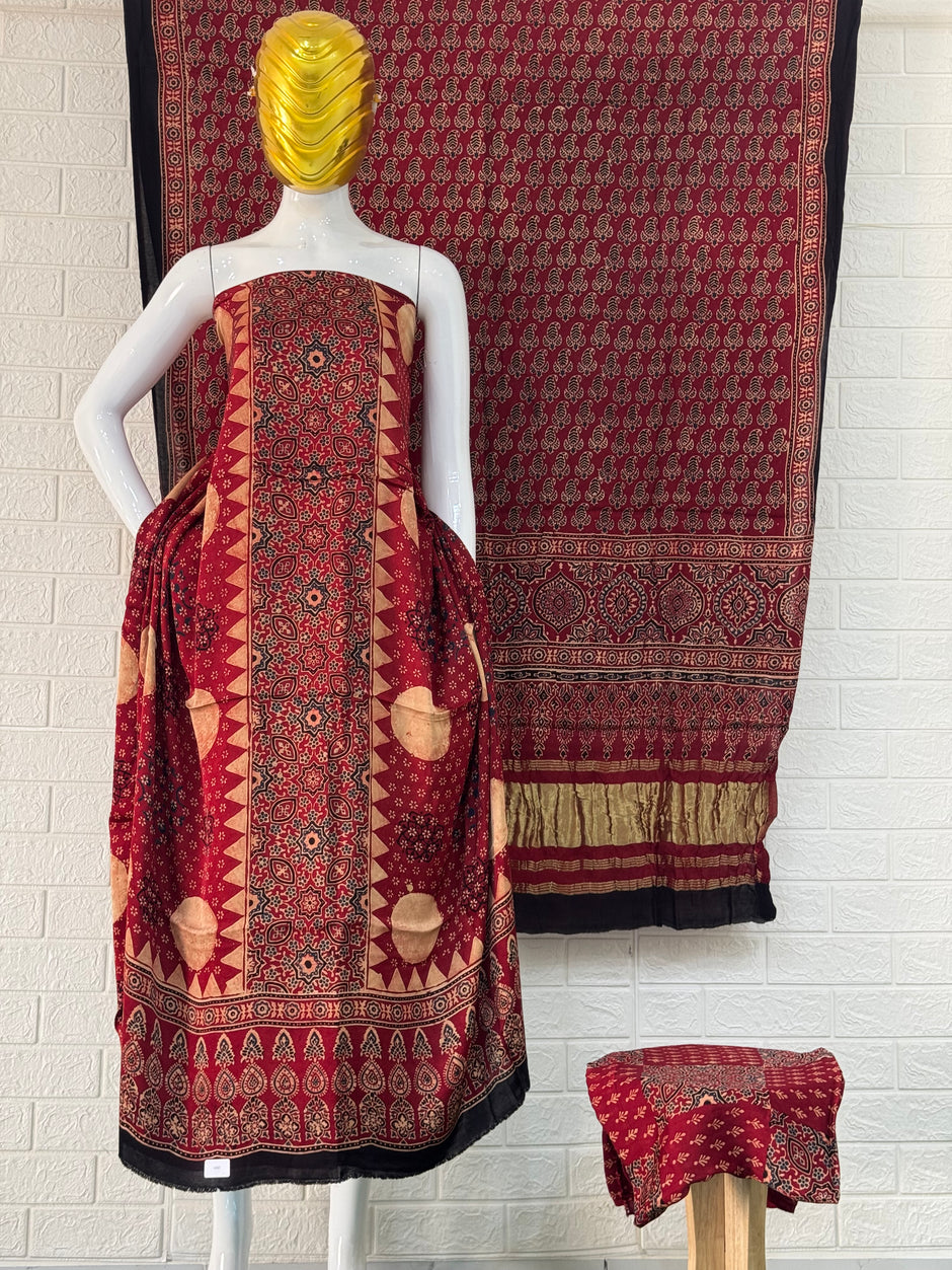 Pure Modal Silk Ajrakh Hand Block Print Nechral Dye 3 Pice Suit