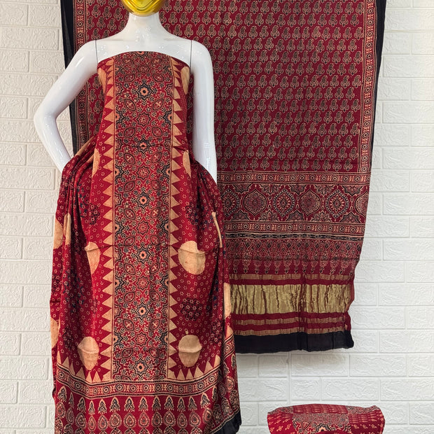 Pure Modal Silk Ajrakh Hand Block Print Nechral Dye 3 Pice Suit