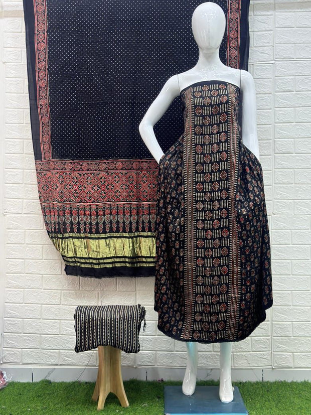 Buy Ajrakh Hand Block Print Modal Silk 3 Piece Suit Online | Ajrakh Design with Zari Dupatta