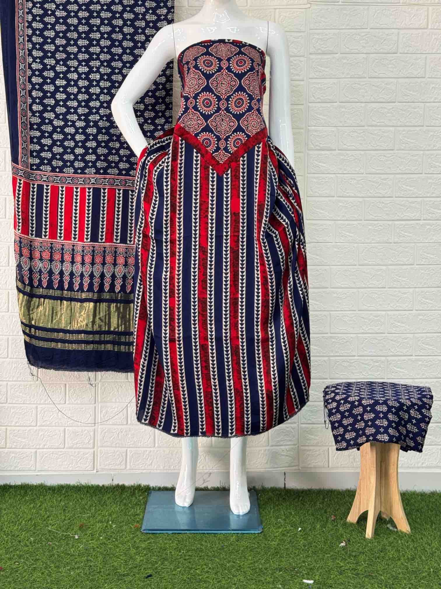 Pure Modal Silk Blu Ajrakh Hand Block Print Neptol Dye 3 Pice Suit