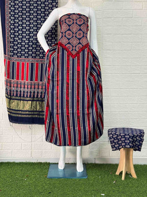 Pure Modal Silk Blu Ajrakh Hand Block Print Neptol Dye 3 Pice Suit