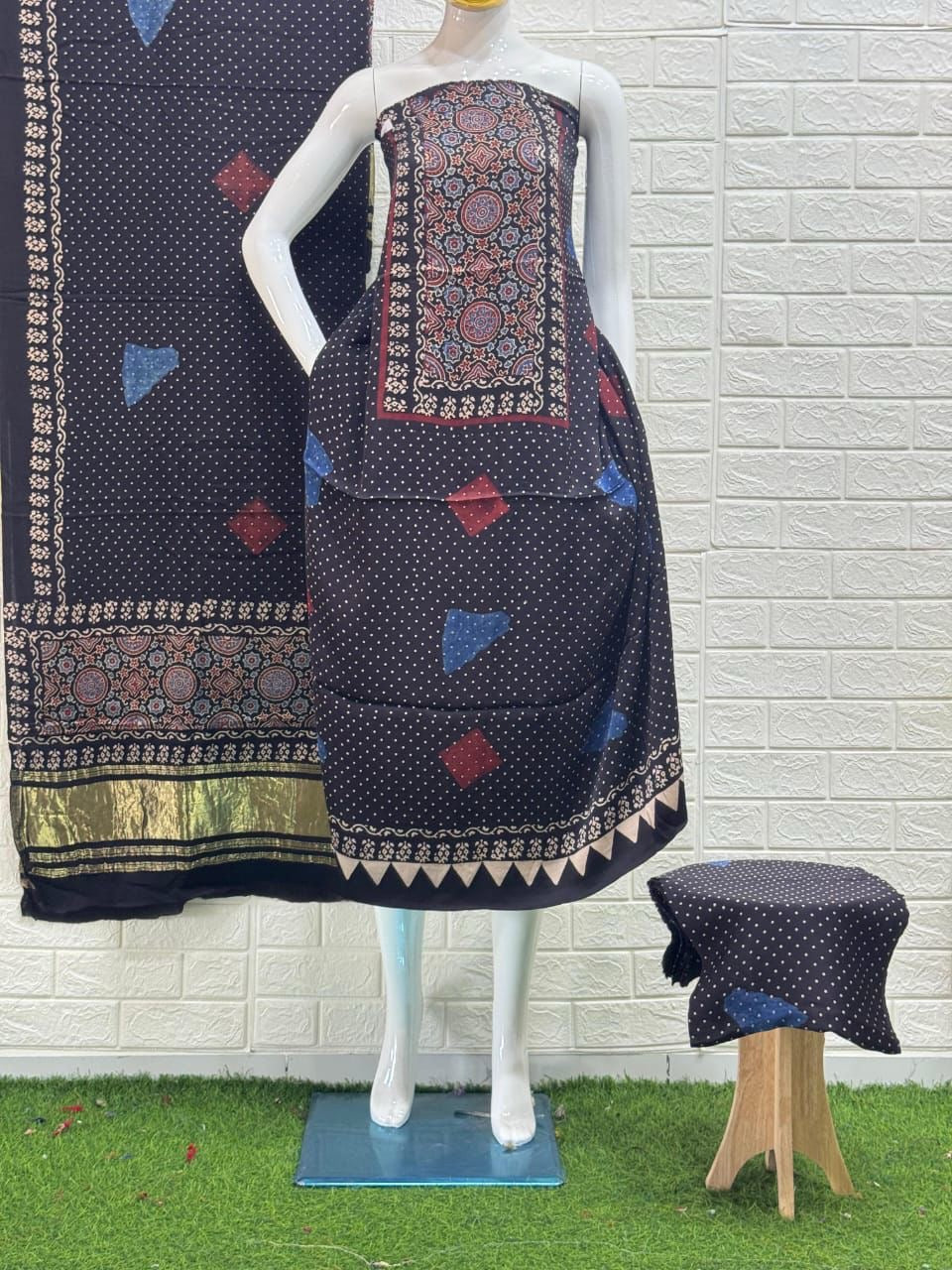 Pure Modal Silk Ajrakh Hand  Block print Nechral Dye 3 Pice Suit