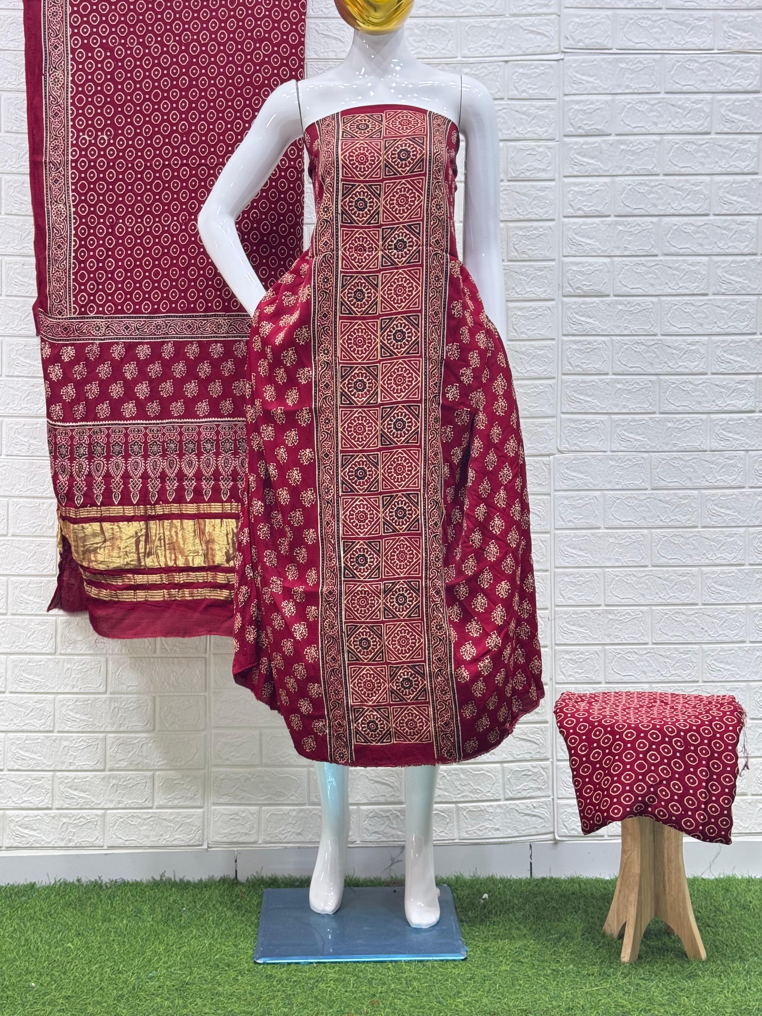 Ajrakh Hand Block Print Neptol Dye 3 Pice Suit