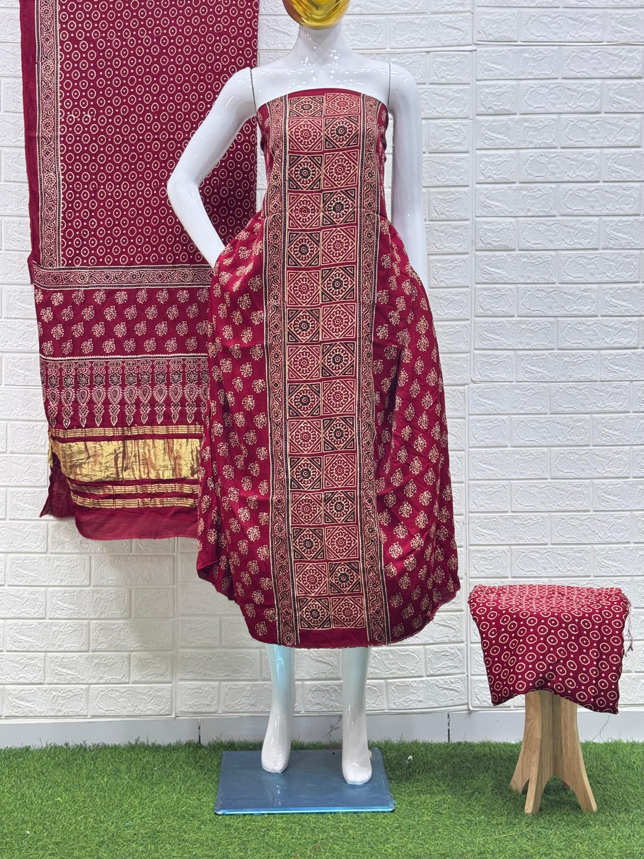 Ajrakh Hand Block Print Neptol Dye 3 Pice Suit