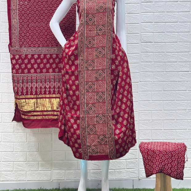 Ajrakh Hand Block Print Neptol Dye 3 Pice Suit