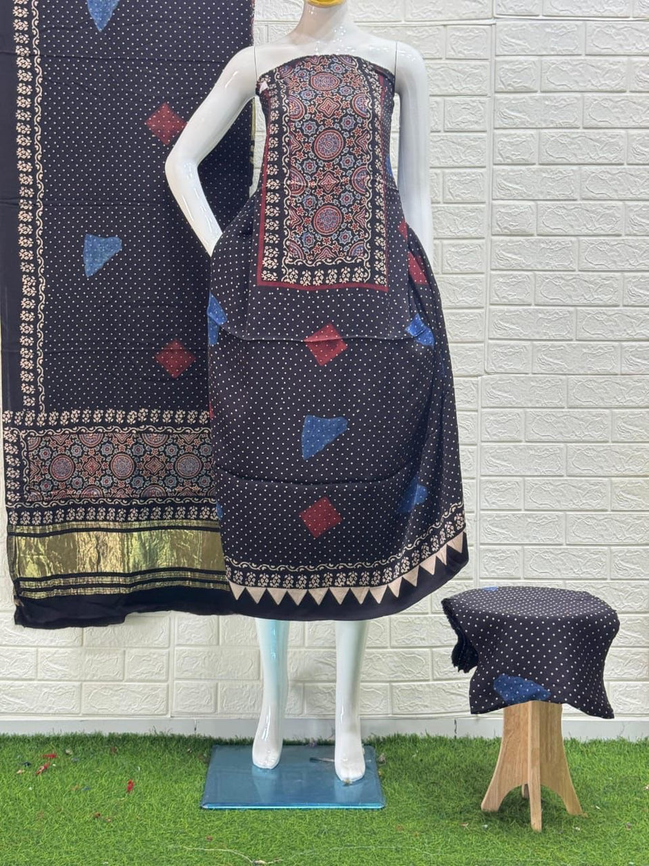 Pure Modal Silk Ajrakh Hand Block Print Nechral Dye 3 Pice Suit