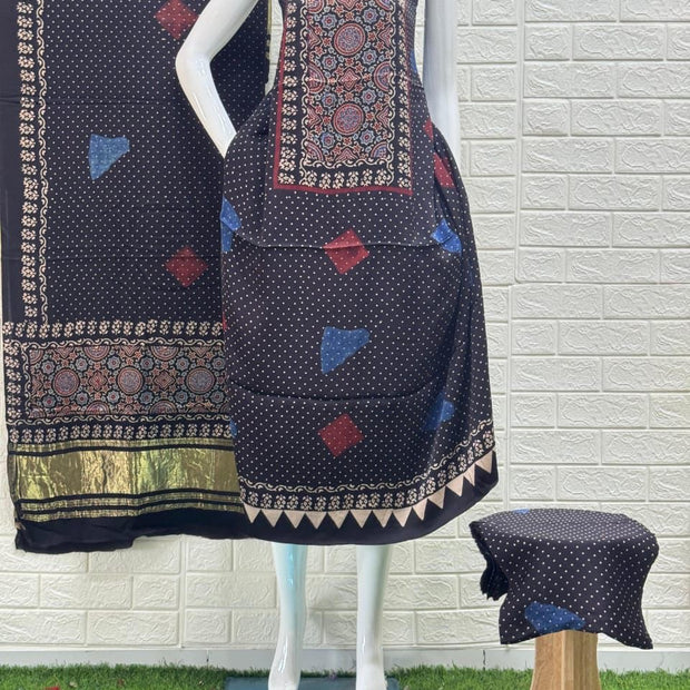 Pure Modal Silk Ajrakh Hand Block Print Nechral Dye 3 Pice Suit