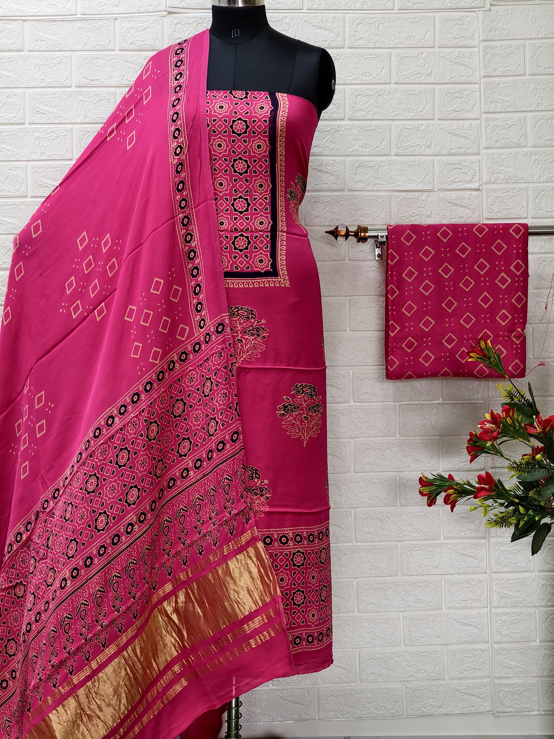 Pure Modal Silk Ajrakh Hand Block Print Neptol Dye 3 Pice Suit