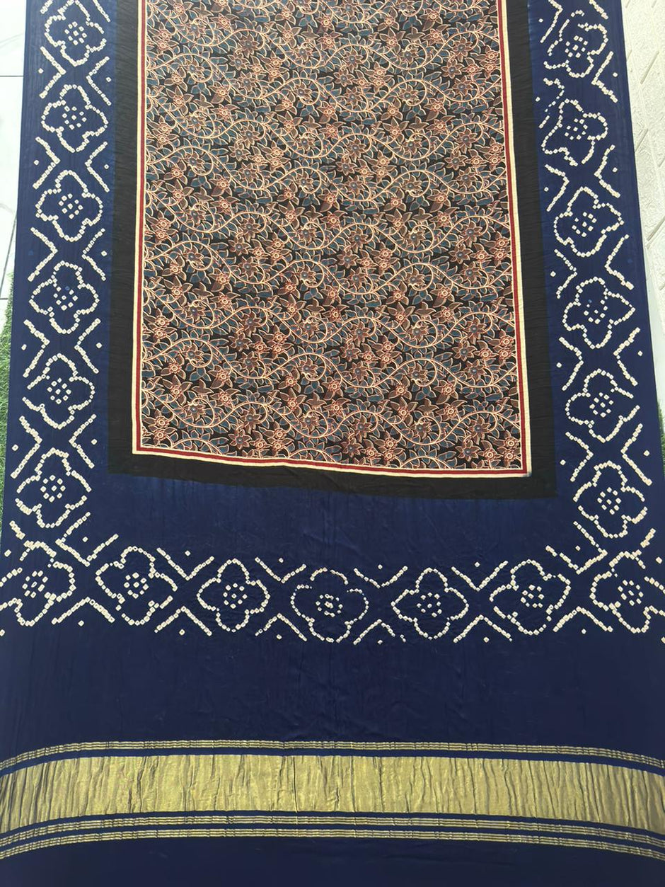 Modal silk ajrakh and bandhani dupatta screen print