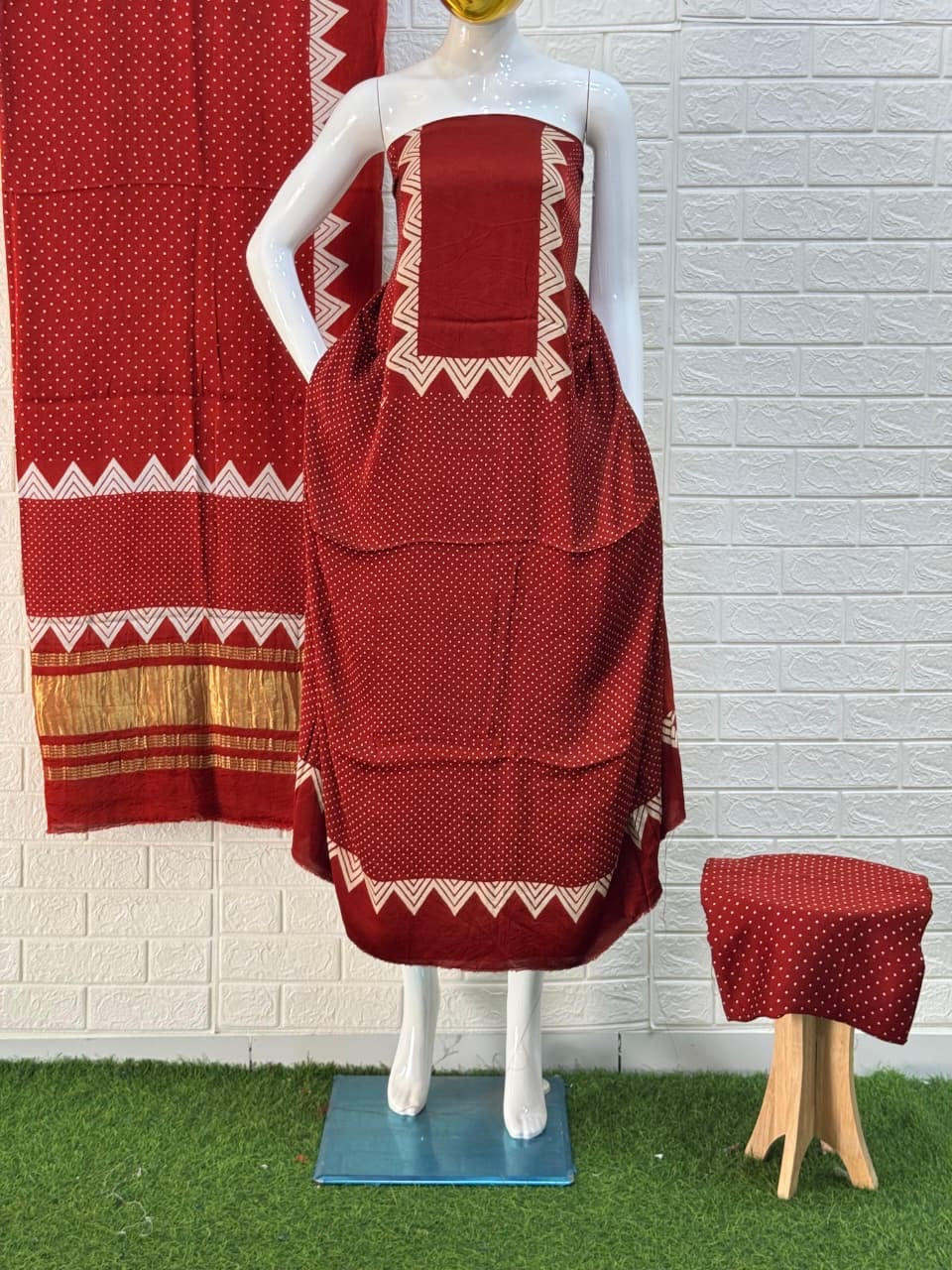 Pure Modal Silk Rust Ajrakh Hand Block Print Neptol Dye 3 Pice Suit