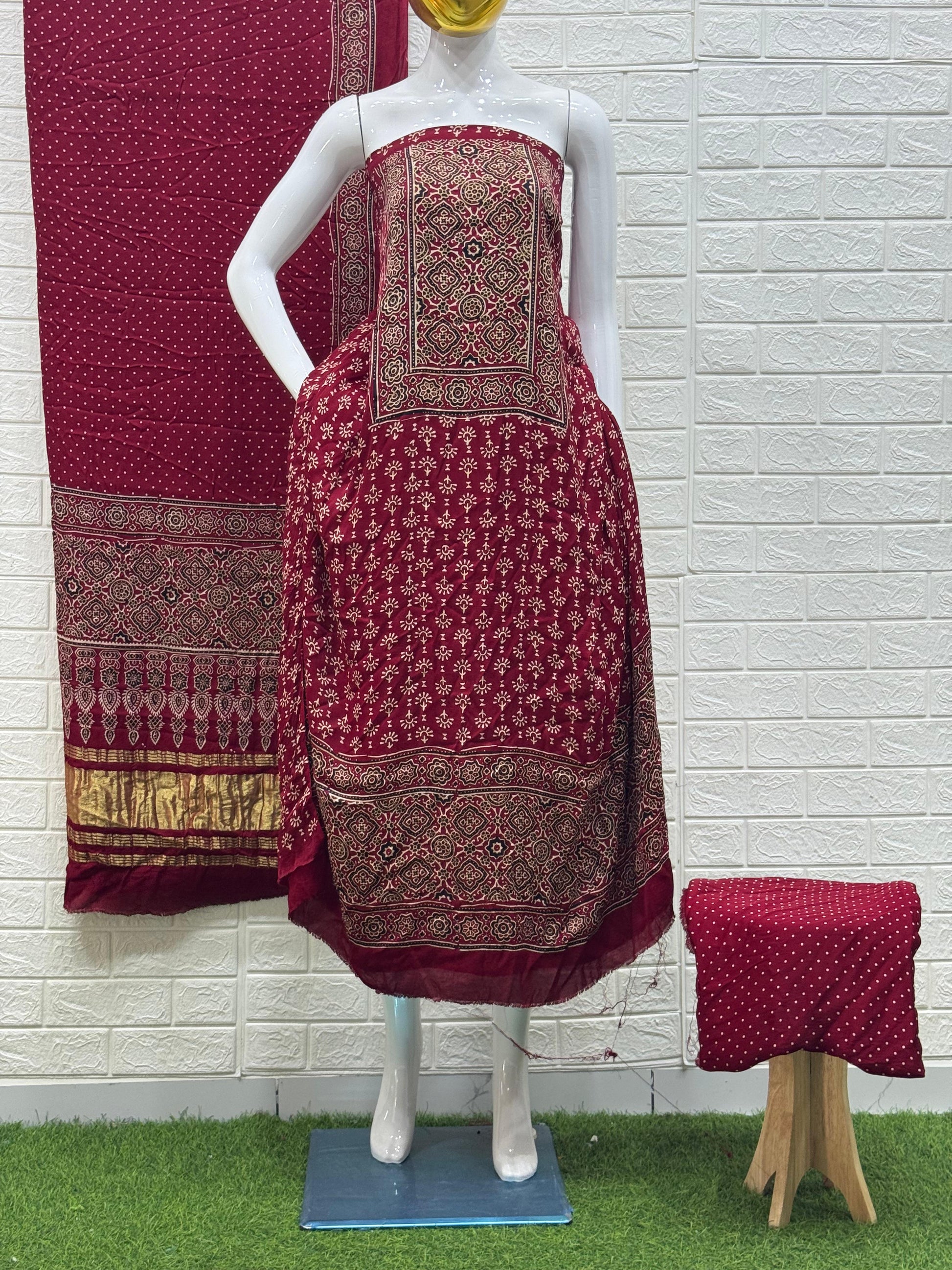 Ajrakh Hand Block Print Neptol Dye 3 Pice Suit