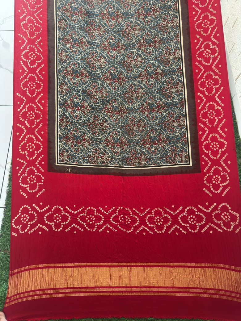 Modal silk ajrakh and bandhani dupatta screen print