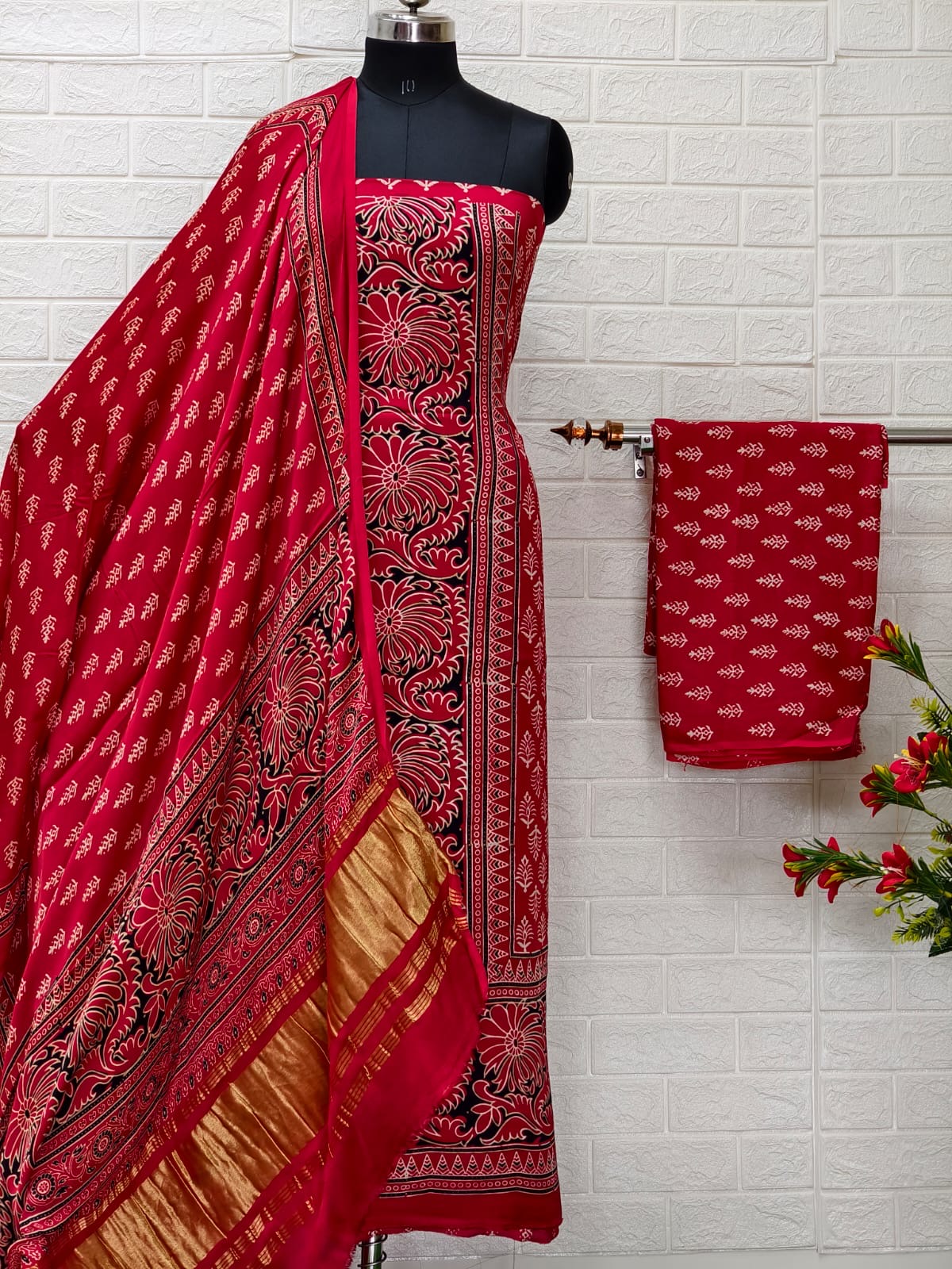 Pure Modal Silk Ajrakh Hand Block Print Neptol Dye 3 Pice Suit