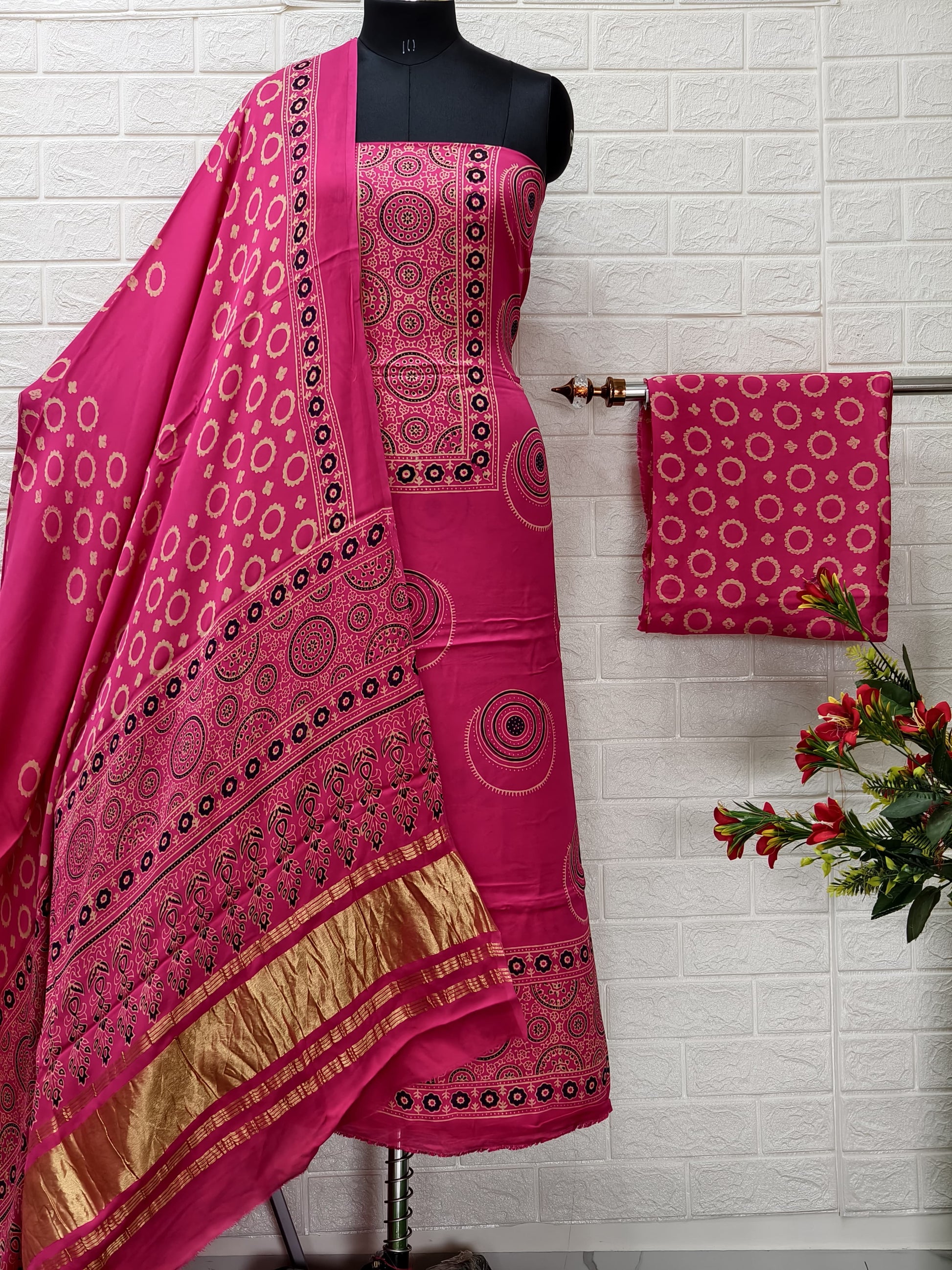 Pure Modal Silk Ajrakh Hand Block Print Neptol Dye 3 Pice Suit