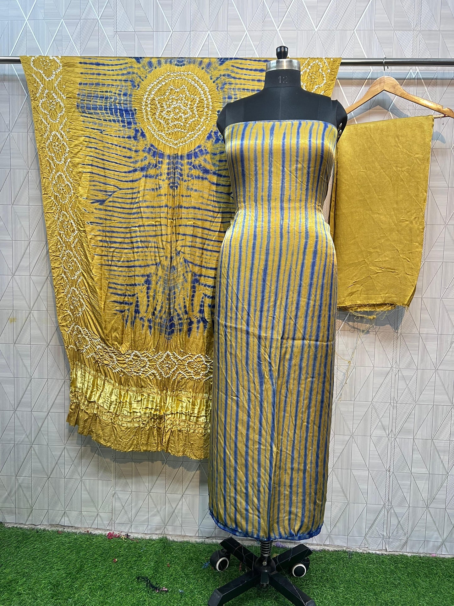 Khakhi & blue Modal Silk Tie & Dye Bandhani Dupatta 3 Piece Suits