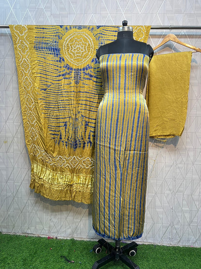 Khakhi & blue Modal Silk Tie & Dye Bandhani Dupatta 3 Piece Suits