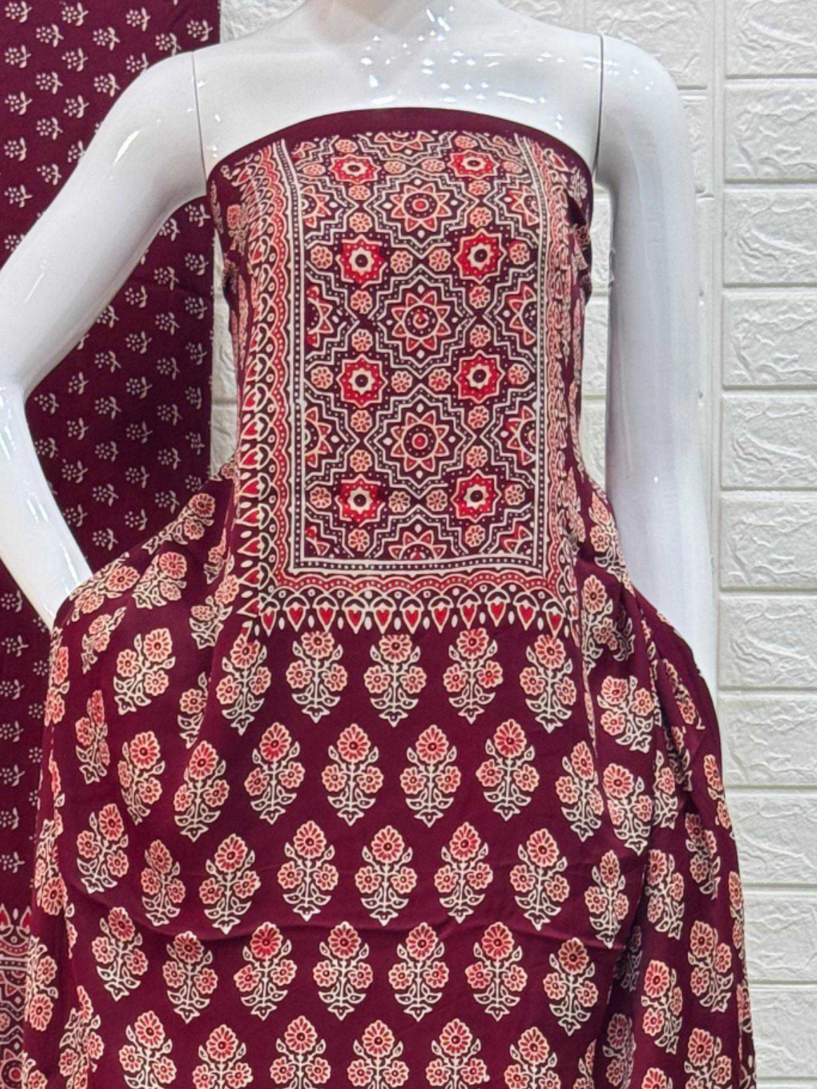 Pure Modal Silk Rust Ajrakh Hand Block Print Neptol Dye 3 Pice Suit