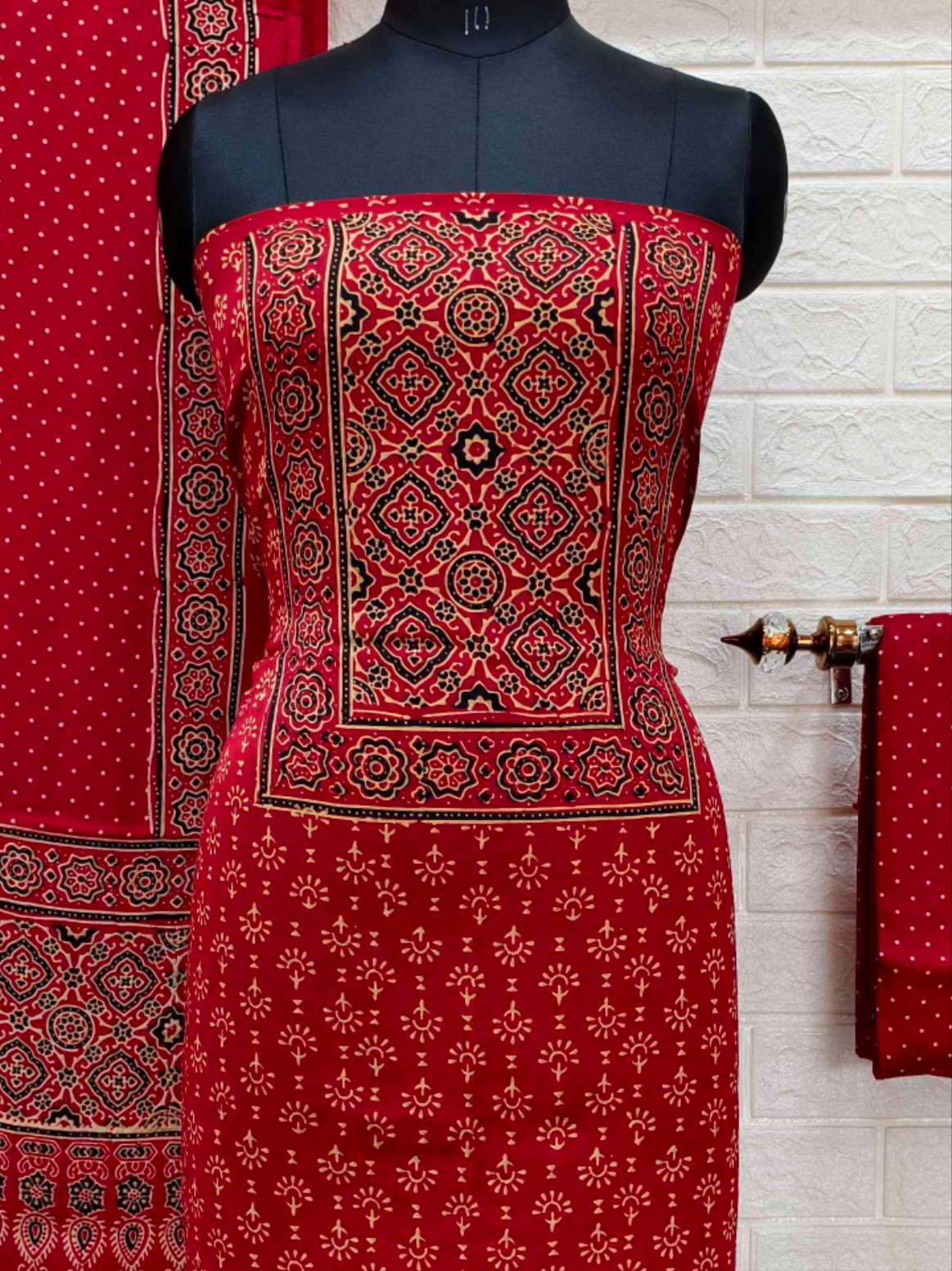 Red Pure Modal Silk Ajrakh Hand Block Print Neptol Dye 3 Pice Suit