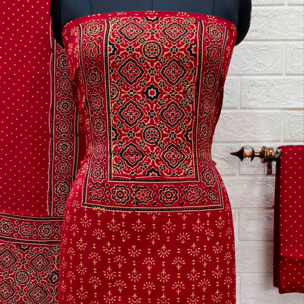 Red Pure Modal Silk Ajrakh Hand Block Print Neptol Dye 3 Pice Suit