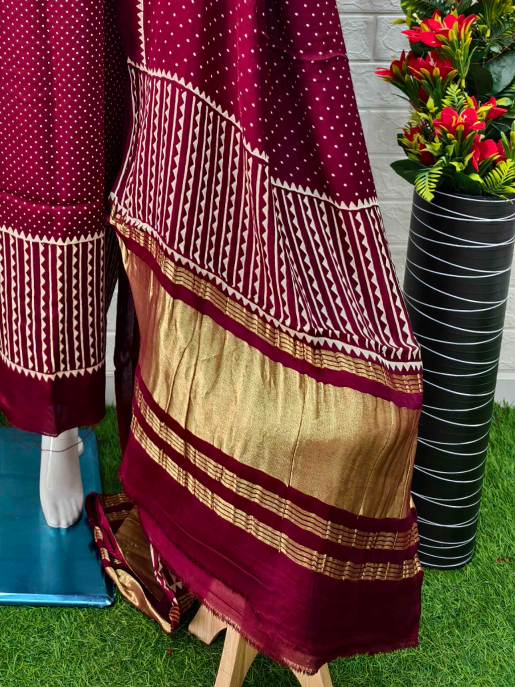 Pure Modal Silk Ajrakh Hand Block Print Neptol Dye 3 Pice Suit