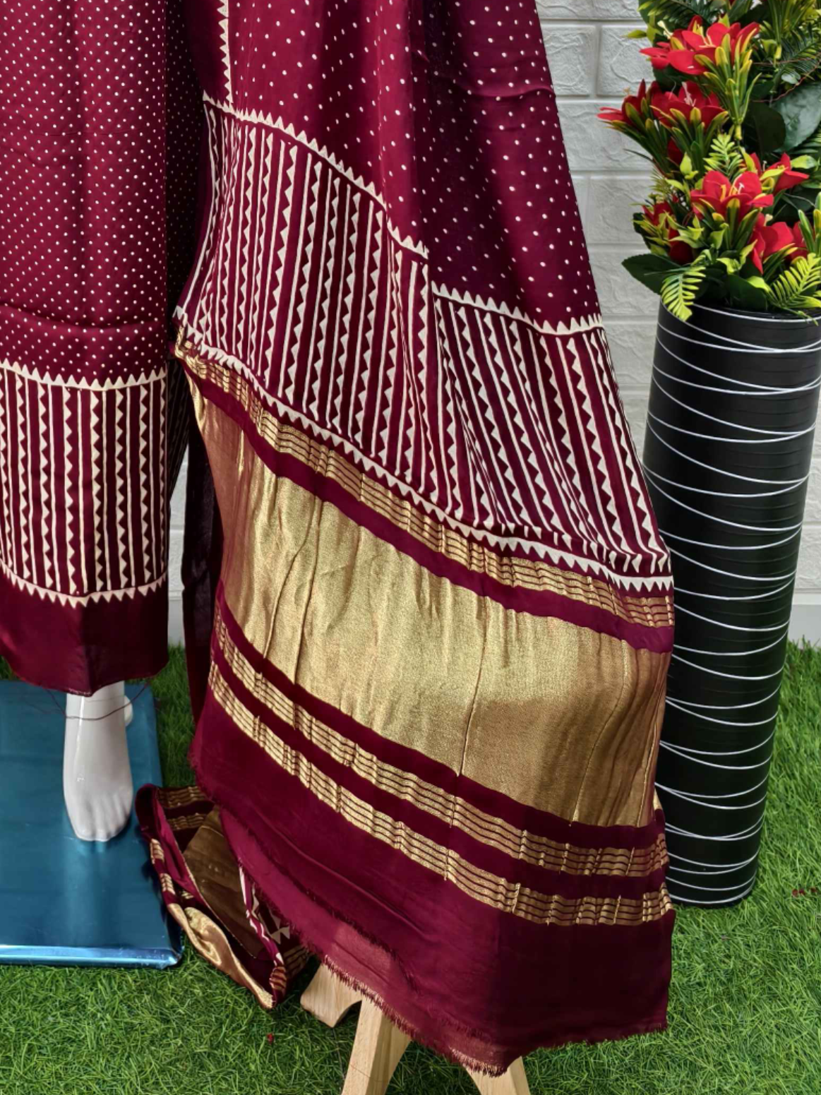 Pure Modal Silk Ajrakh Hand Block Print Neptol Dye 3 Pice Suit