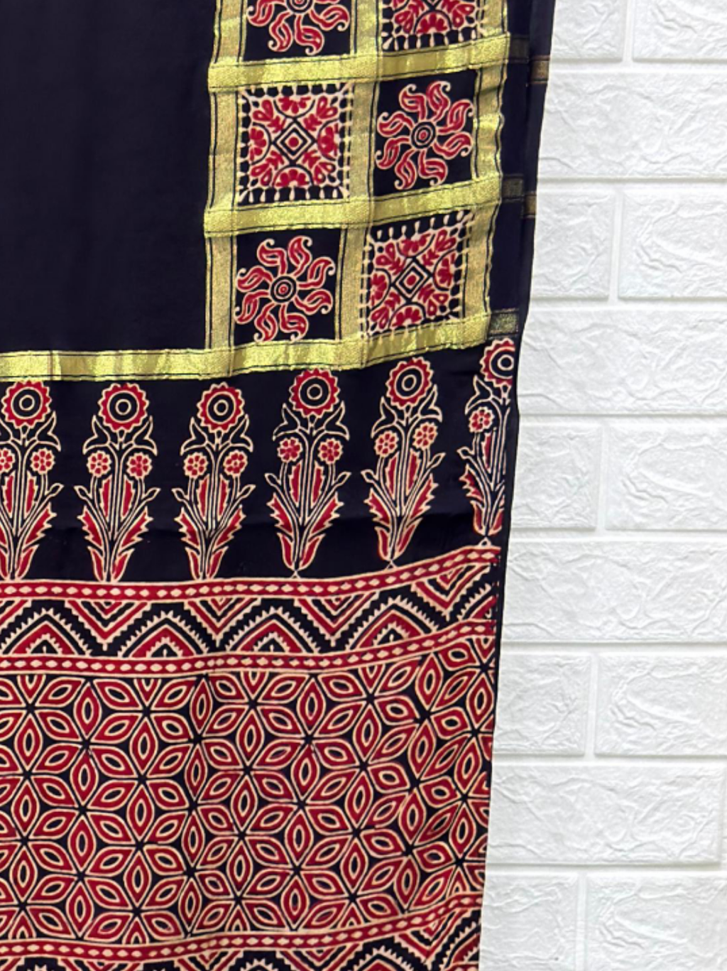 Ajrakh Hand Block Print Neptol Dye Saree with Zari Pallu