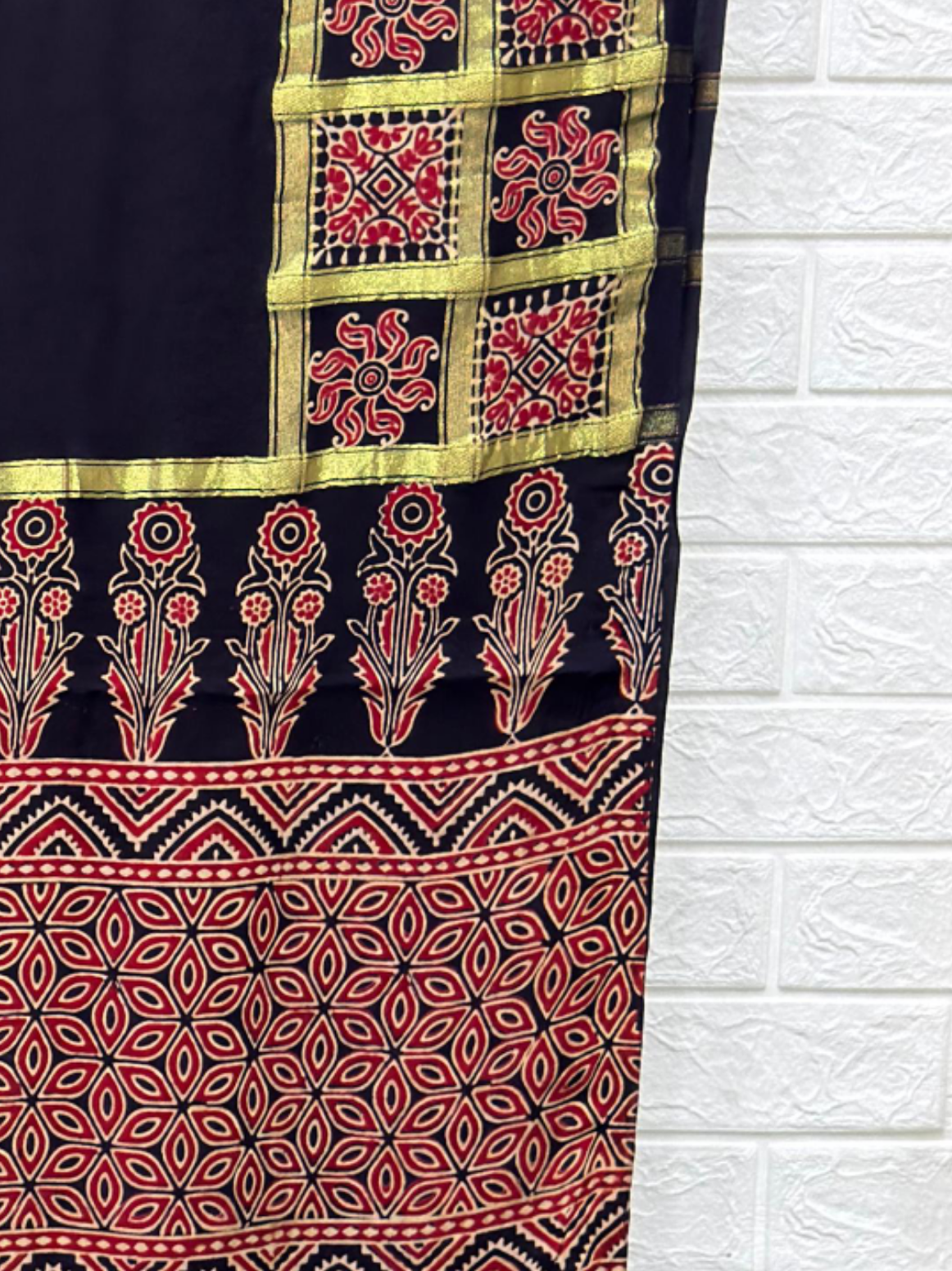 Ajrakh Hand Block Print Neptol Dye Saree with Zari Pallu