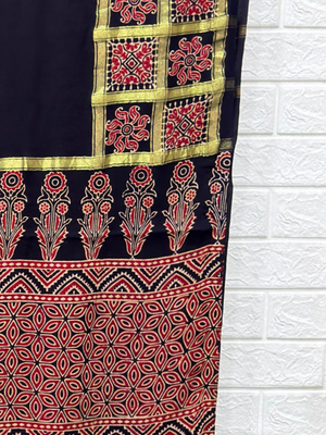 Ajrakh Hand Block Print Neptol Dye Saree with Zari Pallu