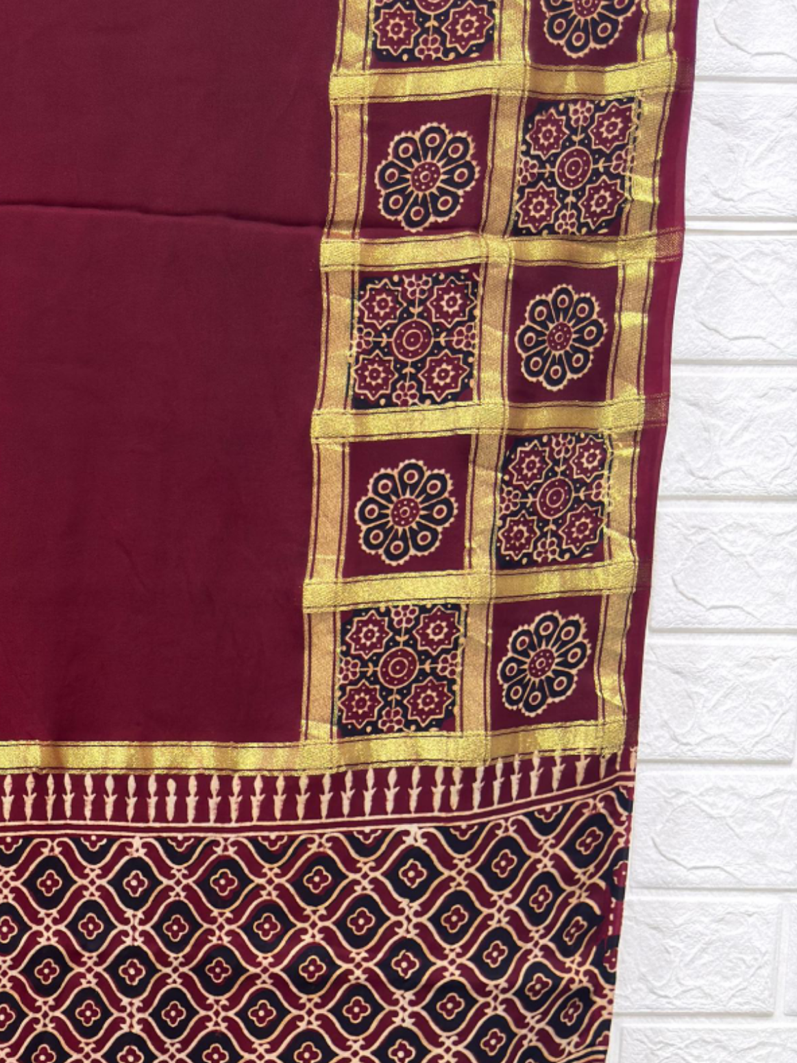 Ajrakh Hand Block Print Neptol Dye Saree with Zari Pallu