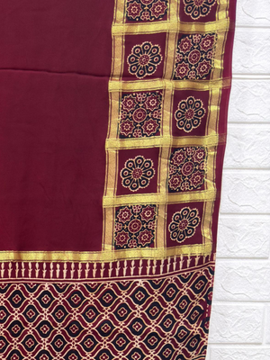 Ajrakh Hand Block Print Neptol Dye Saree with Zari Pallu