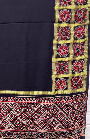 Ajrakh Hand Block Print Neptol Dye Saree with Zari Pallu